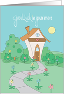Good Luck in Your Move, Cottage in Sunlight, Shrubs & Flowers card