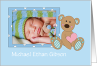 New Baby Boy with Bear and Heart with Custom Photo & Name card