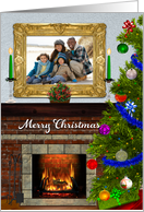 Merry Christmas Fireplace and Christmas Tree Photo Card
