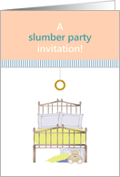 Slumber Party Invitation Comfortable Bed Fluffy Pillows Teddy Bear card