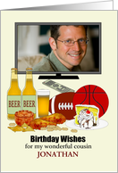 Custom Photo Birthday Male Cousin TV Beer and Delicious Snacks card