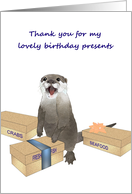 Cute Otter Pleased With Birthday Gifts of Seafood Thank You card