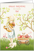 Happy Birthday for Girl, Country Girl with Rooster, Kitten and Dog card