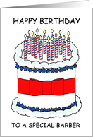Happy Birthday to Barber Cartoon Cake and Barber’s Pole Candles card