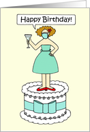Covid 19 Happy Birthday Cartoon Lady Wearing a Face Mask on a Cake card