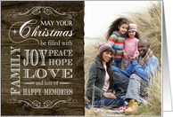 Rustic Wood Christmas filled with Joy Peace Hope Love custom photo card