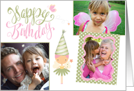 Happy Birthday fairie with flower and birthday hat - custom 3 photos card