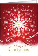 Magical Christmas, Stylish White Snowflake, with Snow, on Red card