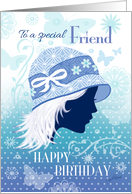 Birthday for Special Friend - Silhouetted Female Face in Blue Hat card