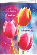 Birthday, Cousin, 3 Vibrant Tulips on Water-Color Background card