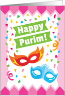 Happy Purim Card with Venetian Masks in Flat Design Style card