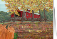 Happy Thanksgiving with barn, pumpkins, fall scene,rock walls,foliage card