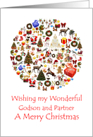 Godson and Partner Circle of Christmas Presents Trees Reindeer Santa card