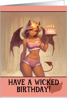 Happy Birthday Cute Female Demon with Birthday Cake card
