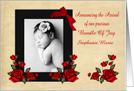 Announcements on New Baby, custom photo card, wood frame, roses card