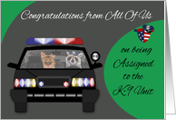 Congratulations from All Of Us on assignment to K-9 Unit, raccoon, dog card
