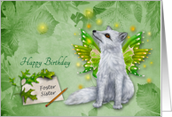 Birthday to Foster Sister, a beautiful mystical fox with wings, green card