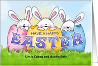 Customized Easter Eggshell Bunny Trio card