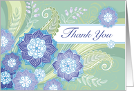 Blue Purple Flowers Thank You Green Leaf Paisley card
