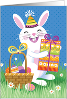 Easter Birthday Bunny With Present And Basket Of Eggs card