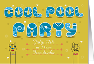 Cool pool party Invitation. Artistic blue white font. Vintage hands card