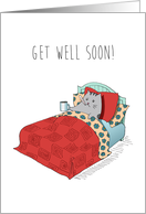 Get Well Feel Better Cute Kitty in Bed with a Thermometer and Hot Tea card