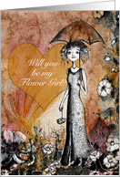 Will you be my Flower Girl?, Lady with Umbrella, Heart and Flowers card