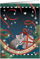 Mouse’s Surprise Gift with Holly, Ribbon, and Flowers card