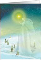 Angel and Glowing Star on Winter Landscape Blank card