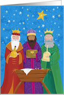 Three Kings With Gifts Over Manger Christmas card