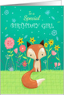 Birthday Girl Cute Fox in Flowers card