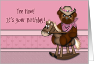 Young Cowgirl, Birthday, Rocking Horse with Teddy Bear card