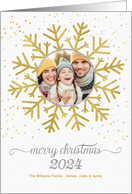 Merry Christmas Golden Snowflake on White with Silver Photo card