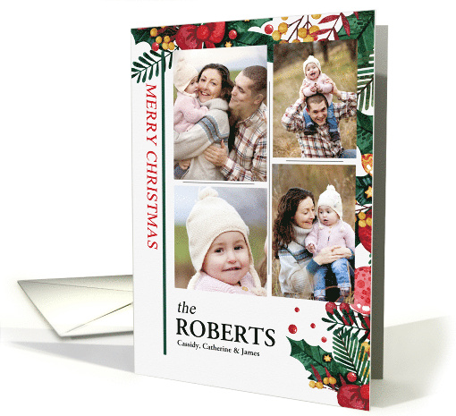 Four Photo Merry Christmas with Watercolor Holly and Berries card