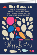 Happy Birthday Friend Playful Colorful Abstract Shapes Blue Background card