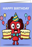 Kids Happy Birthday with Cakes Balloons and Cartoon Character card